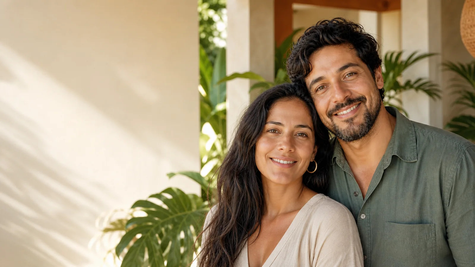 Mujer y hombre sonriendo en un ambiente natural